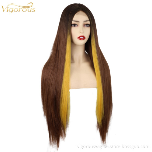 Black Synthetic Hair Wigs Natural Brown Blonde Mixed Long 32 Inch Straight Hair Heat Resistant Synthetic Lace Wigs Fashion Women